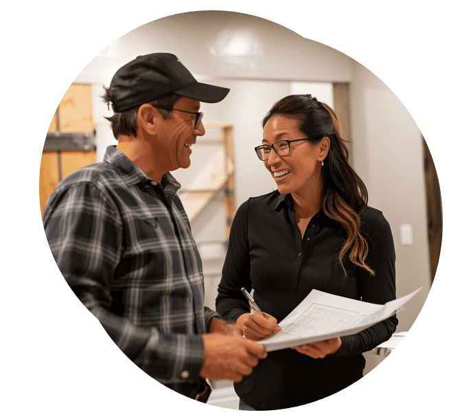 Man and woman planning a new home design for a basement remodel