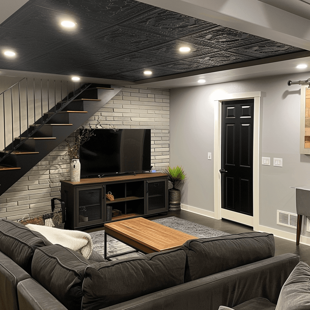 Finished basement in Weber County with modern lighting and flooring