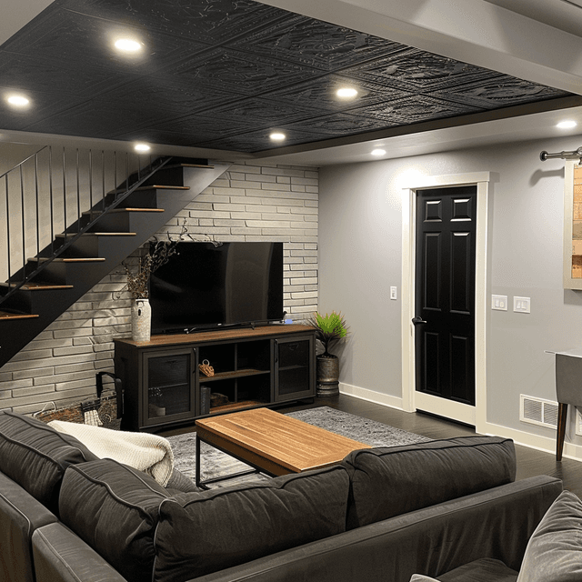 Finished basement with entertainment setup