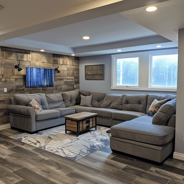 Basement makeover with cozy seating area