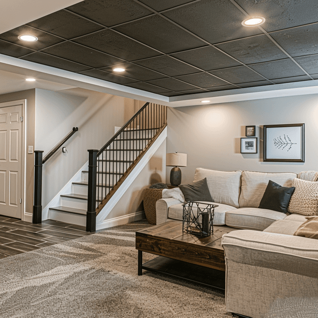 Functional basement design with cozy modern seating area