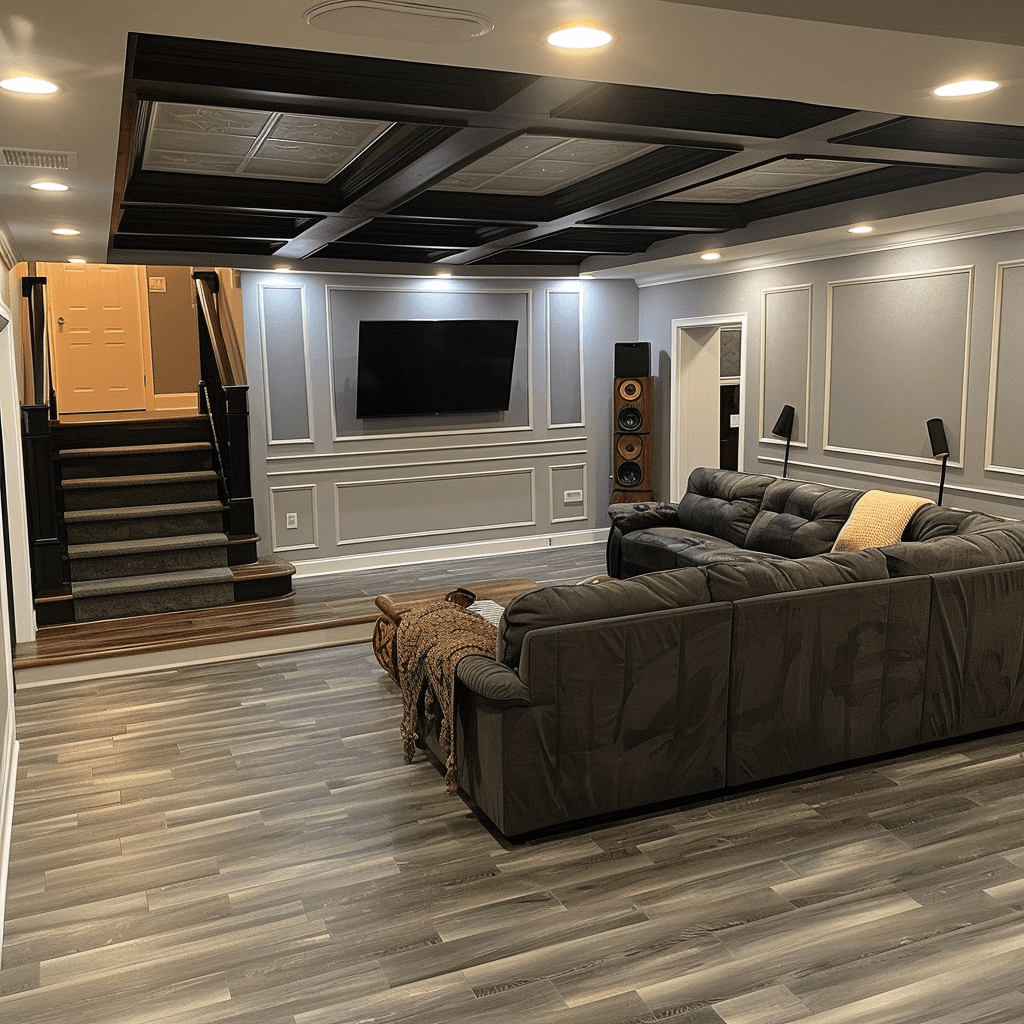 Elegant basement remodeling project in Davis County with built-in shelves