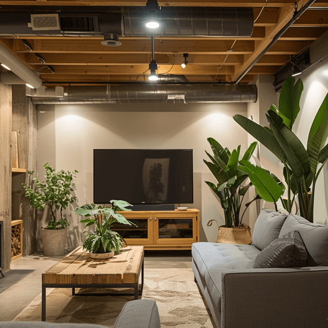 Finished basement with earthy and plant style