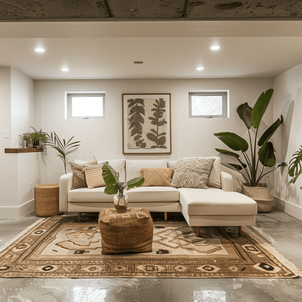 cozy and modern living room featuring a cream-colored sectional sofa, earthy-toned pillows, and a patterned area rug. The decor includes large plants in woven baskets, a pouf, and framed botanical artwork. The room has a minimalist, natural aesthetic with polished concrete floors and recessed lighting